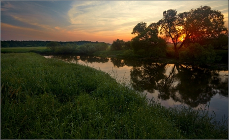 Sunset - nature, sunset, trees, river