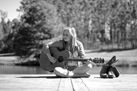 Cowgirl~Cary Laine - guitar, water, black and white, blonde, songwriter, cary laine, lake, cowgirl, pier, singer, trees, boots