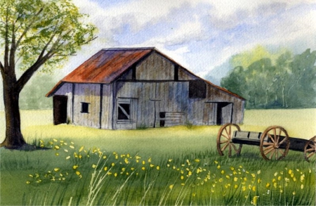 Lazy Summer Day - summer, fields, paintings, grass, nature, green, Harrison, barn, shed, art