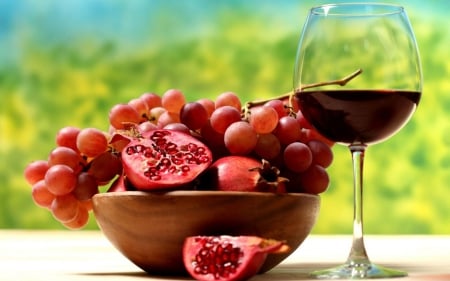 Fruit and Wine - glass, fruitts, pomegranate, wine, grapes