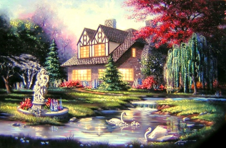 Swans House - trees, pond, beautiful, paintings, spring, colors, lovely, flowers, swans, nature, garden, love four seasons, houses, statue