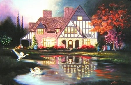 Colorful Swans House - swans, trees, lovely, spring, nature, reflections, love four seasons, beautiful, paintings, flowers, colors, pond