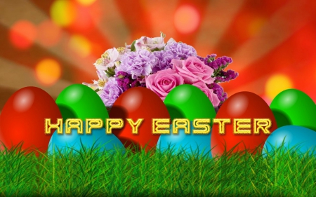 Happy Easter - eggs, grass, Easter, flowers, holiday, rays, Spring, Happy Easter, dots