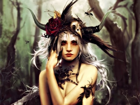 Anti-elegance - red, forest, animal, rose, black, girl, skull, art, fantasy, spider, woods, tree, amsbt, woman, horns, green