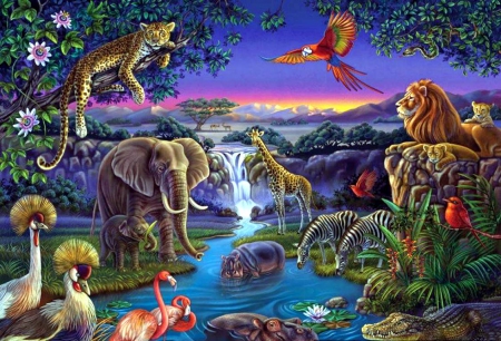 African Animals - flamingo, lion, crane, giraffe, hippo, leopard, elephant, parrot, crocodile