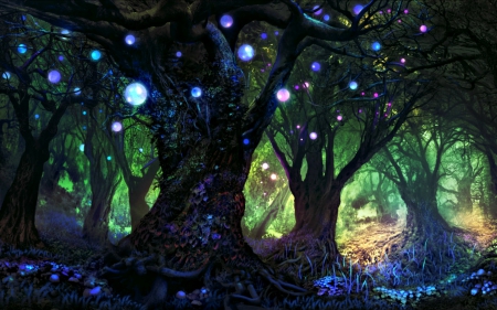 Forest whispers - forest whispers, ferdinand ladera, magical, black, fantasy, art, dark, woods, luminos, blue, green, tree, lights