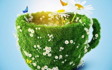  Daisies and buterflies  flying over grass green cup - butterflies, bloom, flowers, cup, daisy, grass