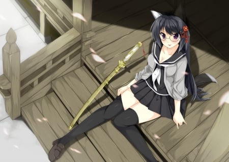 Neko girl - neko, katana, uniform, girl, school