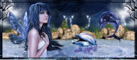 BLUE FAIRY - reflection, female, blue, wings, dolphins, fairy