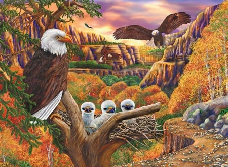 Eagle family - family, art, eagle, forest