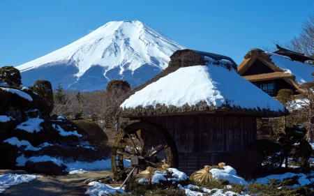 Mt. Fuji, Japan - hut, nature, japan, mountain, waterwheel, snow