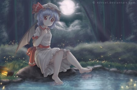 ~Moonlit Waters~ - moon, anime, water, touhou, wings, barefoot, remilia scarlet, night