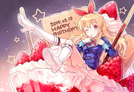 Happy Birthday Hoshimiya Ichigo!!! - headband, long hair, boots, cake, strawberries, blonde hair, aikatsu, anime, wink, hoshimiya ichigo