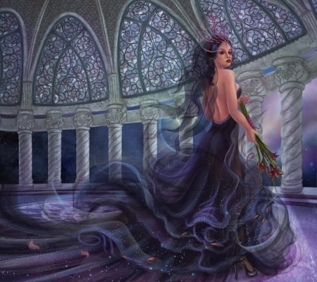 Elegant Maiden - pretty, female, dress, night, long hair, purple, columns, fantasy woman, art, abstract, beautiful, lovely, black, fantasy, white, lady, woman, black hair, amiden