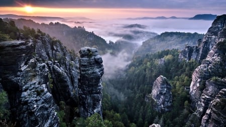 Sunset - mountain - Sunset, forest, fog, mountain