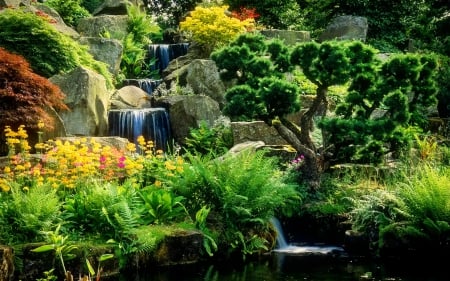 Water cascades in spring park - pretty, trees, cascades, water, summer, beautiful, spring, freshness, flowers, lvoely, plants, park