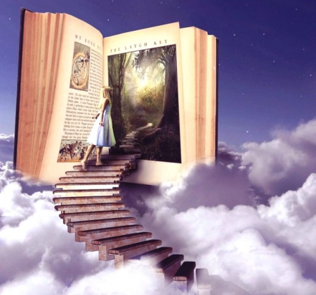 The Latch Key - stairs, key, girl, book, nature, cloud, latch, door, artwork, clouds, digital