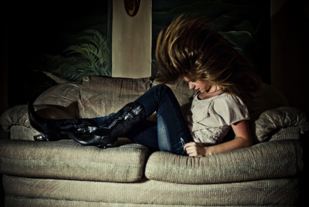 Bad Hair Day - boots, couch, cowgirl, jeans