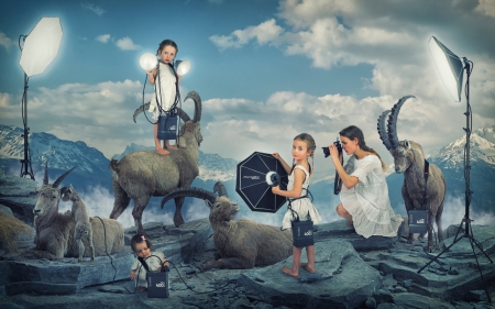 Photo session - goat, people, blue, girl, creative, child, horns, chidren, fantasy, animal, funny, foto session, situation