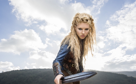 Katheryn Winnick as  Lagertha - woman, sky, actress, girl, tv series, katheryn winnick, vikings, lagertha, cloud, sword, blonde