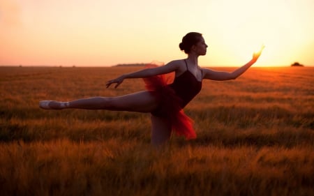 Ballerina - woman, girl, red, field, ballerina