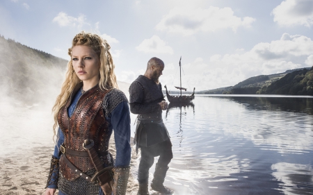 Vikings (2013â€“ ) - woman, actress, couple, water, katheryn winnick, vikings, lagertha, man, actor, travis fimmel, ragnar lothbrok, blonde