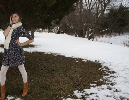 Another Chilly Morning - cowgirl, boots, dress, snow