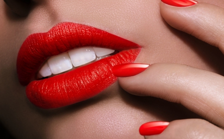 Red - mouth, lips, white, fingers, woman, red, nails, lipstick