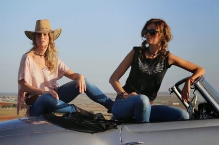 A Cowgirl's Other Ride - hat, car, cowgirl, boots, cowgirls, sunglasses, brunette, blonde