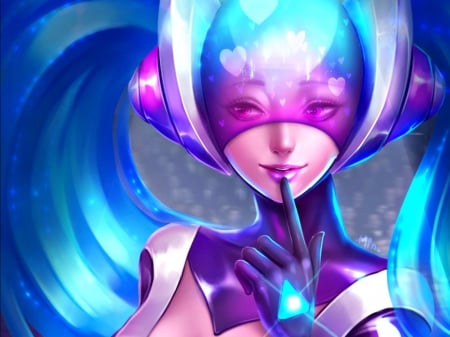 Sona - woman, girl, heart, fantasy, art, sona, league of legends, pink, blue, chubymi