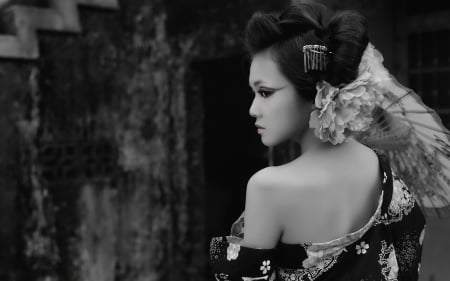 Geisha - Woman, Girl, black and white dress, Geisha, makeup