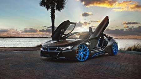 Car BMW i8 - palm, car, sunset, bmw i8