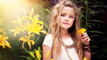 Small girl - yellow lilies - yellow lilies, flowers, a small girl, natura