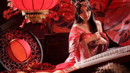 Woman - instrument - instrument, woman, dress, decorations