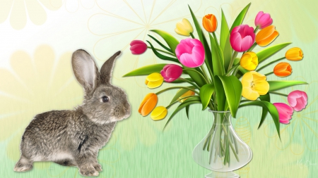 Spring Tulips and Bunny - flowers, rabbit, tulips, spring, Easter, bouquet, bunny