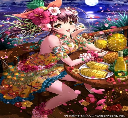 Pineapple Flower - girl, fruits, long hair, cg, pretty, game, oriental, flowers, cute