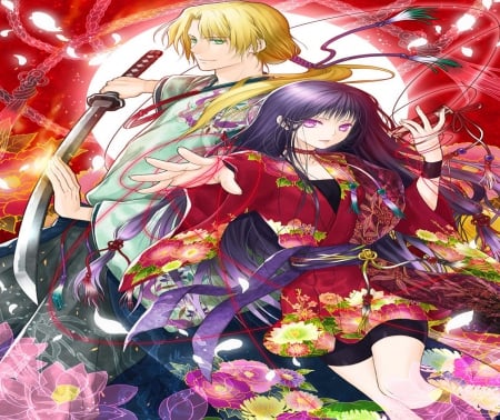 Onmyouji Couple - love, couple, magic, long hair, japanese, orginal, japan, red, romance, oriental, sword, kimono