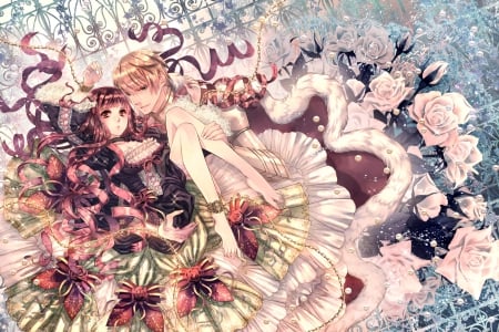 Chain of Love - love, princess, couple, long hair, orginal, art, romance, flowers, cute, dress