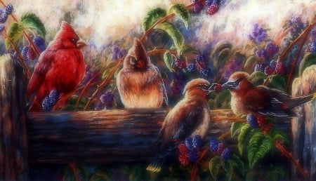 Berry Bright - animals, lovely, berries, cardinals, love four seasons, pretty, family, paintings, colors, cute, birds