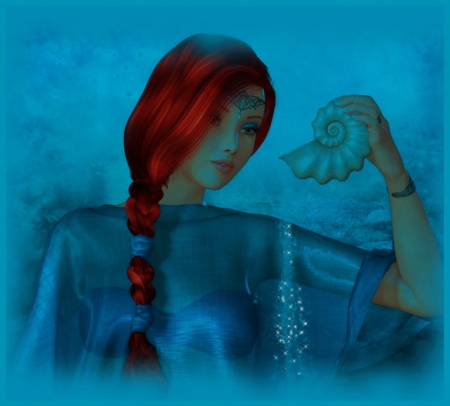 SEASHELL - seashell, female, red, magic, blue, hair