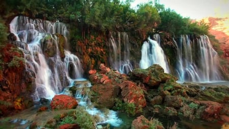 Rock Waterfalls - nature, trees, cascades, waterfalls, rock