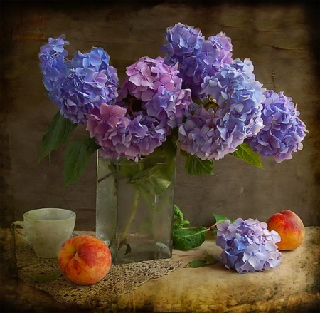 â€¢âœ¿â€¢ - purple, flowers, hydrangeas, still life, fruit, cup