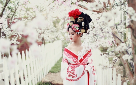 Oriental beauty - red, beauty, model, spring, sakura, girl, white, oriental, asian, woman