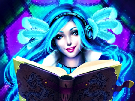 The magic book - blue, girl, feather, fantasy, magic book, purple, woman, ayyasap, art