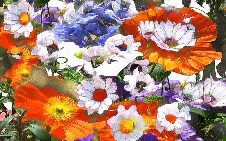 Flowers - poppy, poster, blue, daisy, flower, orange, white, painting, art