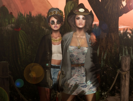 Friends Til The End - style, girls, western, women, models, hats, cowgirls, abstract, art, games, fun, female