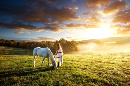 Let Him Graze - girls, women, style, fun, models, female, fashion, cowgirls, fantasy, western, horses, blondes, ranch