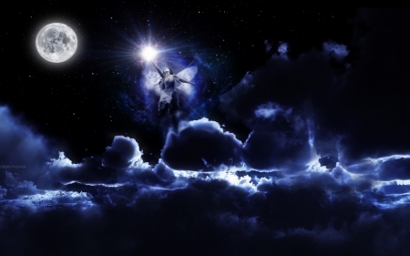 Holy angel - moon, stars, sky, angel, light, wings, holy, clouds, twilight, fullmoon