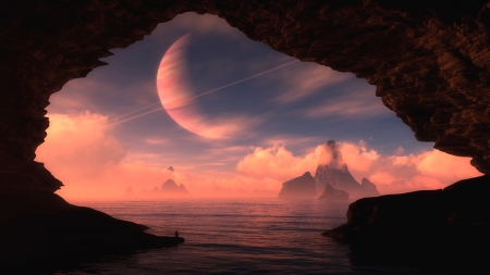 Dawn of the New World - cave, moon, water, sea, island, dawn, planets, fantasy, sunup, sky