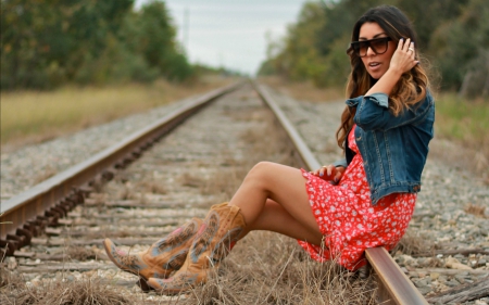 ~Cowgirl~ - cowgirl, tracks, trees, glasses, boots, dress, brunette, railroad tracks